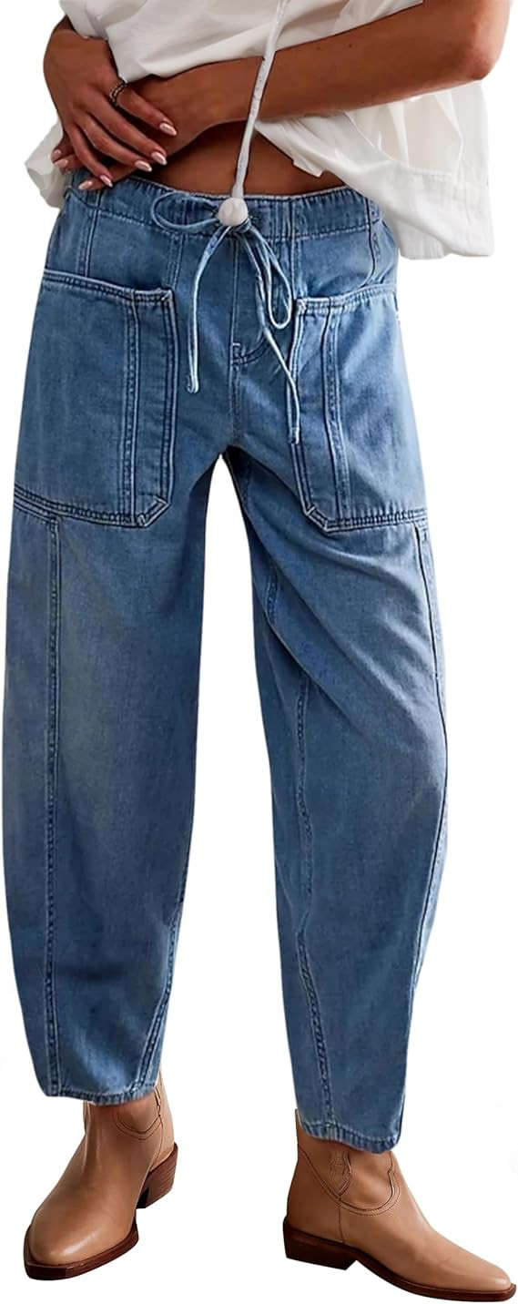 Women's Wide Leg Baggy Jeans Elastic Low Rise Barrel Jean Loose Boyfriend Denim Pants with Drawst... | Amazon (US)