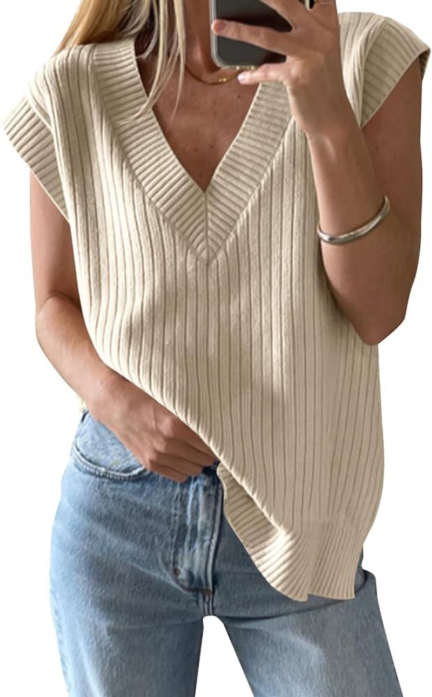 Saodimallsu Womens V Neck Sweater Vest Oversized Ribbed Knit Sleeveless Casual Loose Fit Pullover... | Amazon (US)