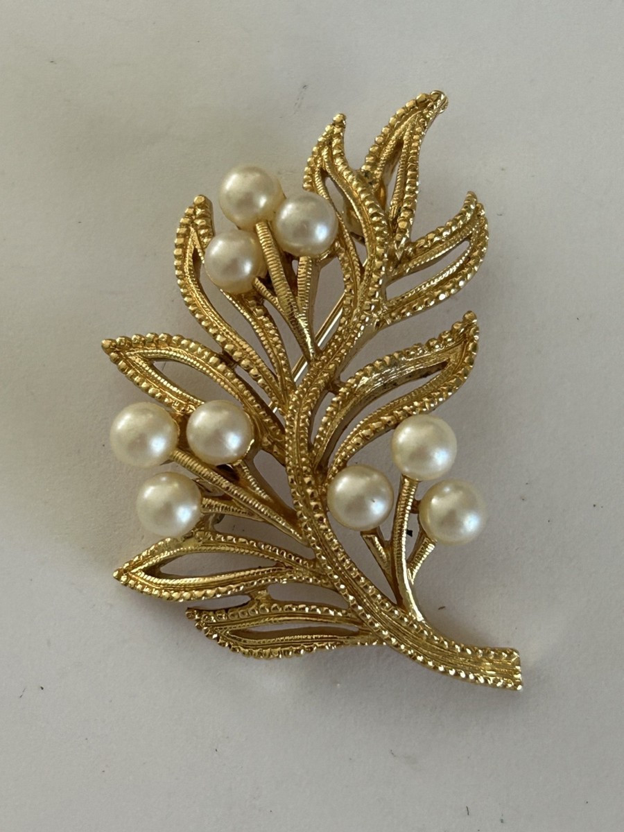 Vintage Trifari Gold Tone Leaf Brooch Faux Pearl Pin Signed Mid Century Elegant | eBay US