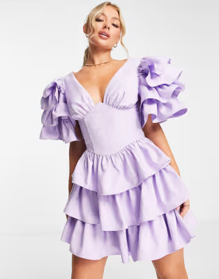ASOS LUXE ruffle sleeve and ruffle pep corset mini dress in lilac | ASOS (Global)