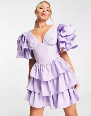 ASOS LUXE ruffle sleeve and ruffle pep corset mini dress in lilac | ASOS (Global)