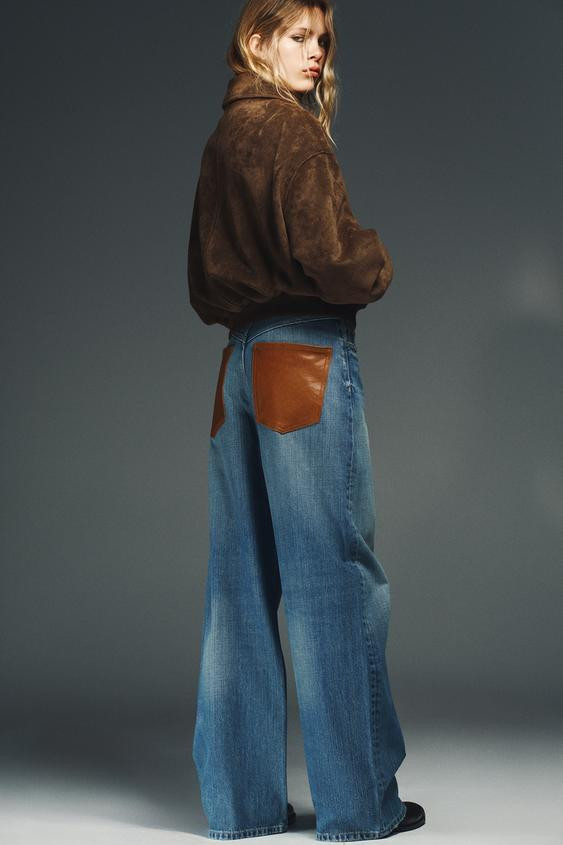 TRF HIGH-WAIST WIDE-LEG JEANS WITH LEATHER POCKETS | Zara UK