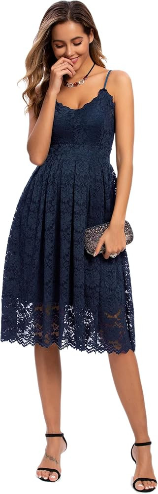 Atnlewhi Womens Spaghetti Strap V Neck Sleeveless A Line Lace Dresses for Evening Cocktail Formal We | Amazon (US)