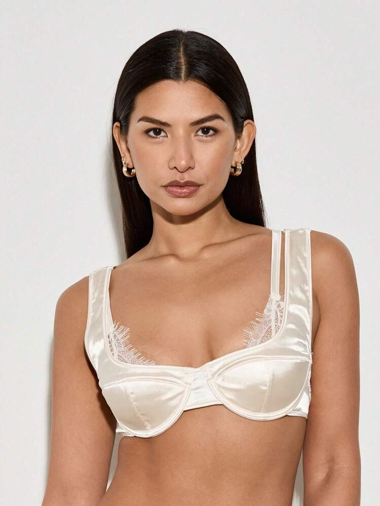 AiiRZ Satin Bralette Top Padded Crop Bustier With Delicate Lace Trim Evening Party Bridal Lingerie Style Sleeveless Summer Festival Fashion | SHEIN