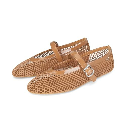 DOEYG Brown Mesh Ballet Flats for Women Round Toe Mesh Flats Ballerina Shoes Buckle Strap Mesh Mary Jane Flats Comfortable Casual Dressy Summer Fishnet Flats Shoes Tan Size 7.5 | Amazon (US)