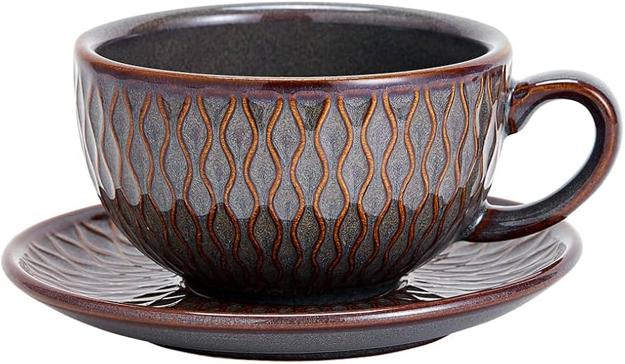 Coffeezone Vintage Design 12 oz Ceramic Latte Art Cappuccino Barista Cup with Saucer (Embossed Gr... | Amazon (US)