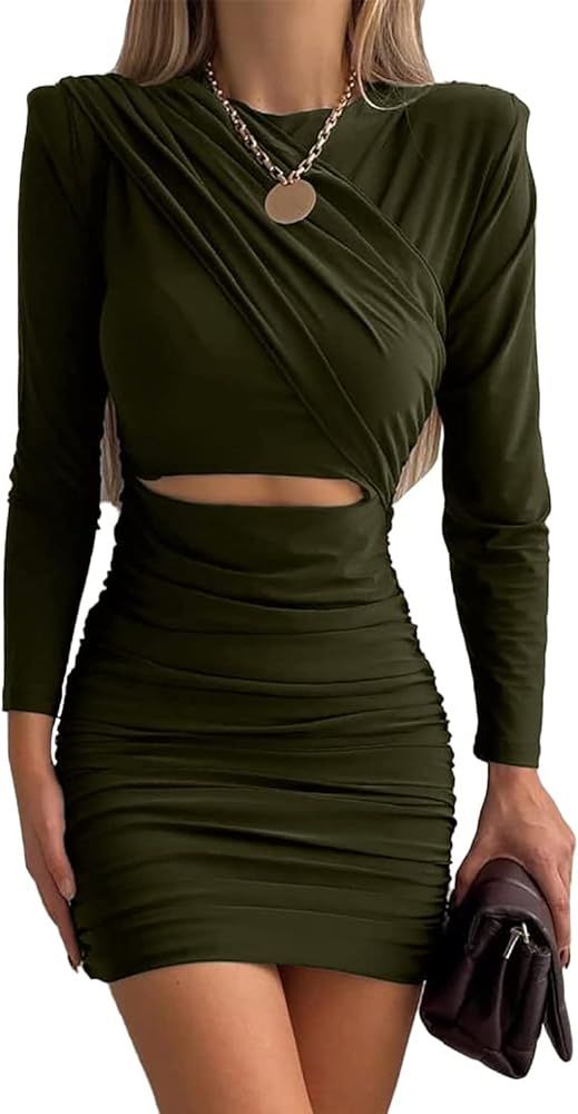 BTFBM Women Ruched Bodycon Dress Long Sleeve Crew Neck Hollow Out Waist Slim Fit Fashion Party Co... | Amazon (US)