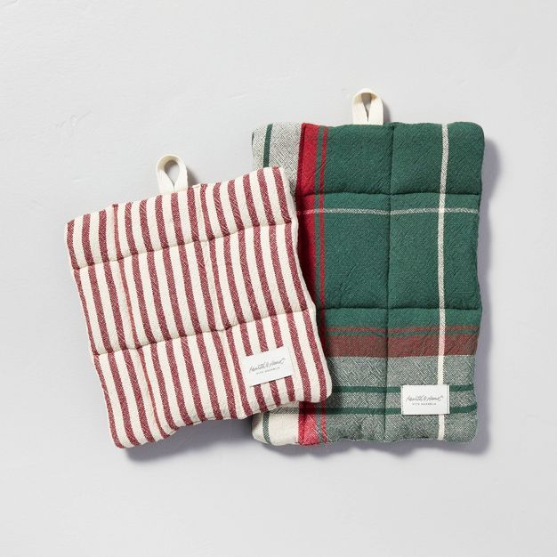 2pc Holiday Plaid & Ticking Stripe Potholder Set Green/Red/Cream - Hearth & Hand™ with Magnolia | Target