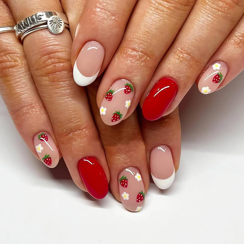 IMSOHOT Short Press on Nails French Tip Almond Fake Nails Red Strawberry Pattern False Nails with... | Amazon (US)