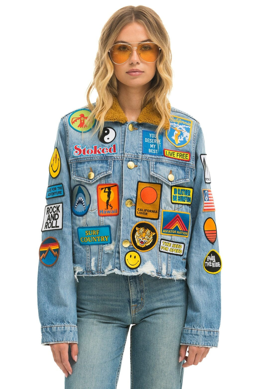 VINTAGE PATCH UNISEX CROP DENIM JACKET - SUPER LIGHT | Aviator Nation