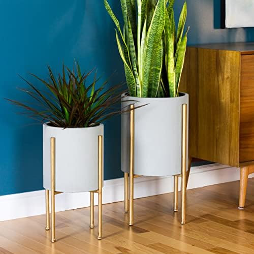 Aspire Mid Century Planter with Metal Stand – 12.5 Inch Plant Pot, Set of 2, Indoor Plant Stand for  | Amazon (US)