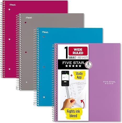 Five Star Spiral Notebook + Study App, 4 Pack, 1 Subject, Wide Ruled Paper, 8" x 10-1/2", 100 She... | Amazon (US)