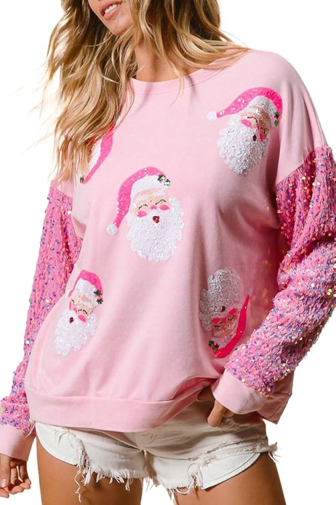 YBHUO Womens Sequin Christmas Sweatshirt Santa Claus Crewneck Long Sleeve Casual Pullover Tops at... | Amazon (US)