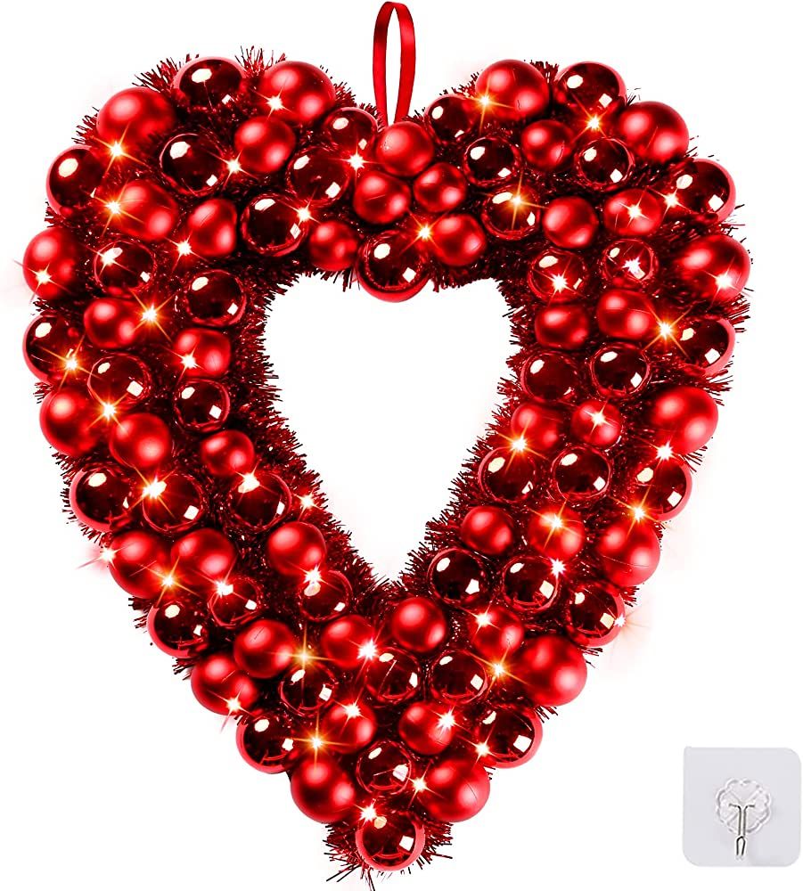 Sggvecsy 18’’ Heart Shaped Wreath Valentines Day Red Heart Wreath with Tinsel Red Balls LED L... | Amazon (US)