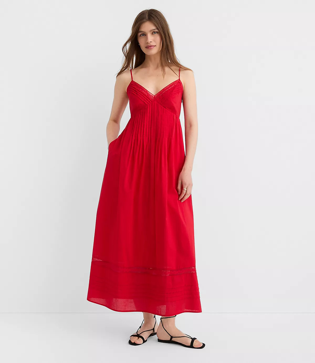Strappy Lace Trim Pintucked Midi Pocket Dress | LOFT