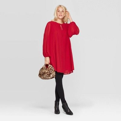 Women's Bishop Long Sleeve Crewneck Pleated Shift Dress - A New Day™ Red | Target