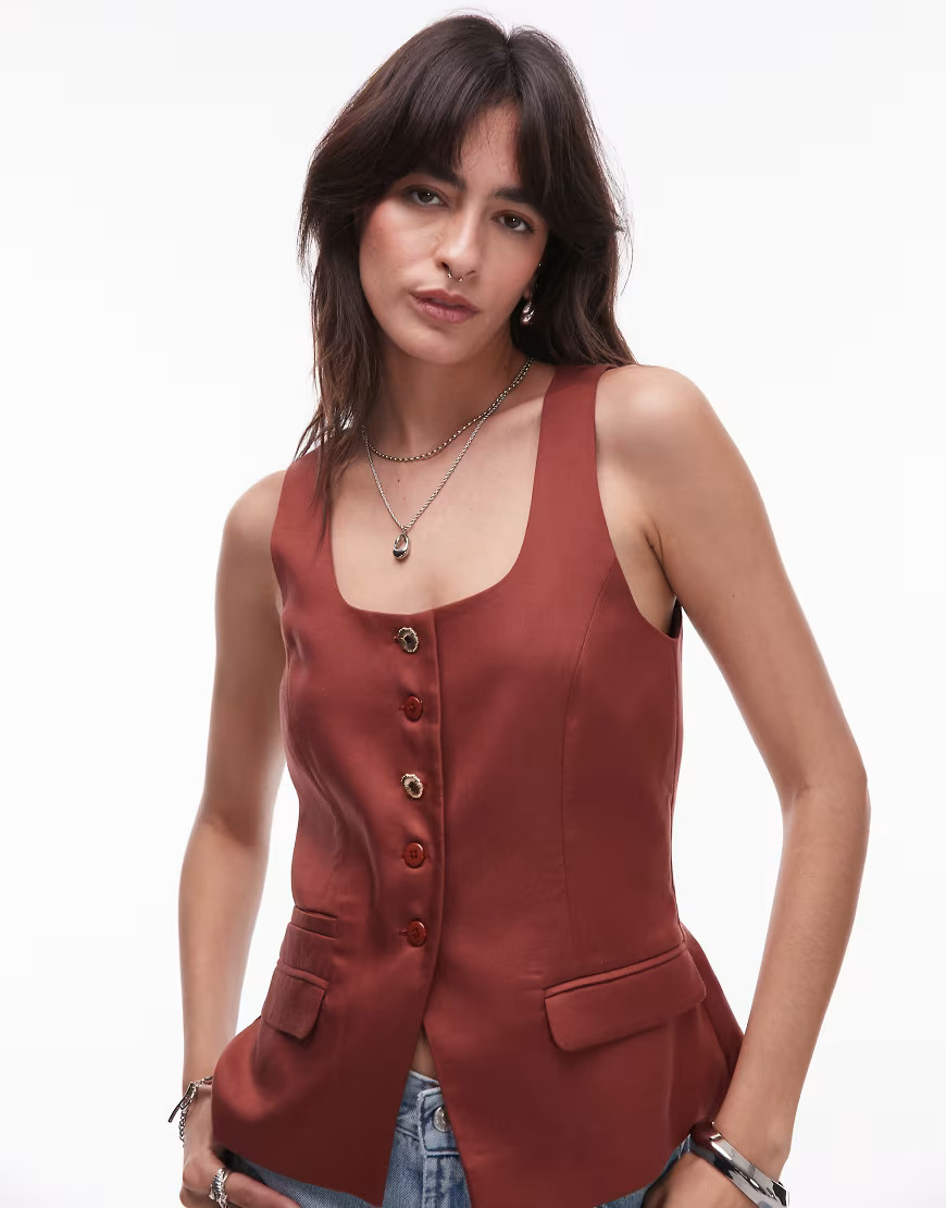 Topshop premium wedding guest occasion scoop neck longline vest in brown | ASOS (Global)