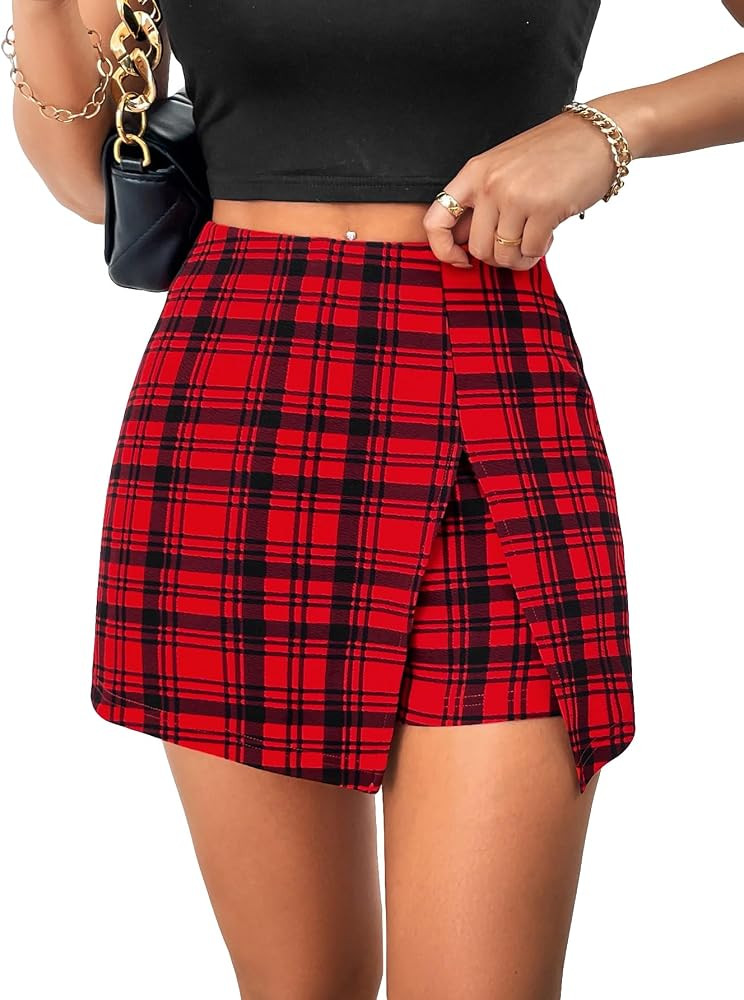 Floerns Women's Plaid Print Wrap Front Zipper Skorts High Waisted Split Hem Shorts | Amazon (US)