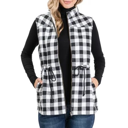 Doublju Women's Sherpa Fur Lined Zip Up Plaid Vest Jacket with Adjustable Waist | Walmart (US)