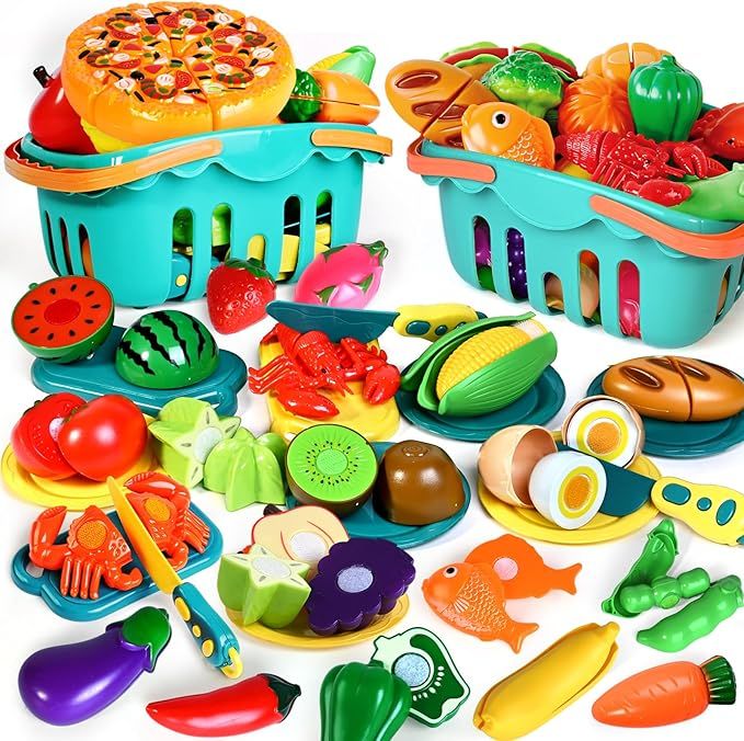 100 Pcs Play Food Set for Kids Kitchen, Pretend Food Toy for Toddlers Age 1-3, Plastics Cutting F... | Amazon (US)
