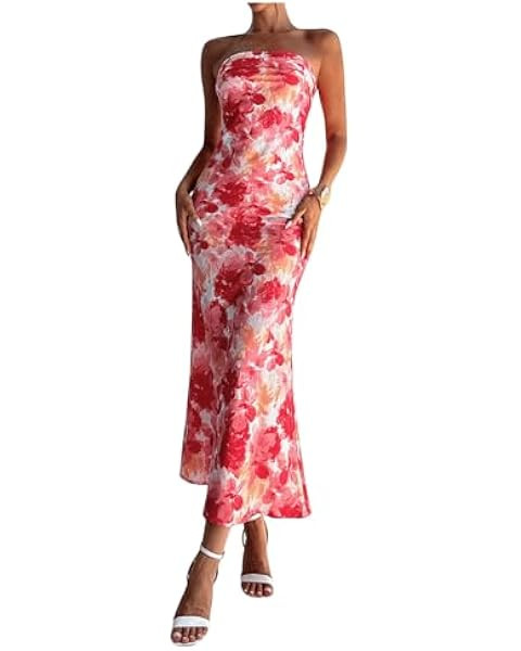 Realtix Satin Silk Backless Tube Tops Maxi Dress for Women Low Back Hollow Out Elegant Strapless ... | Amazon (US)