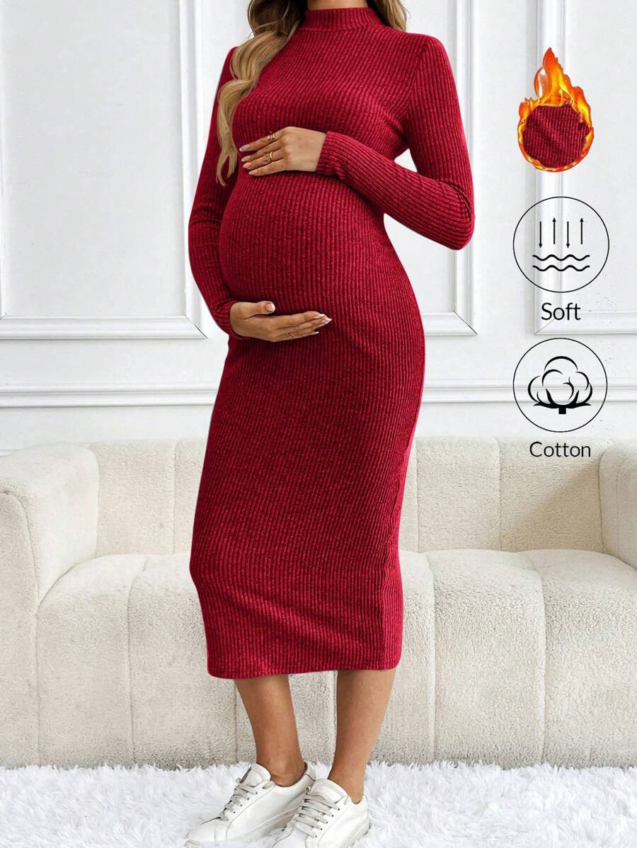 SHEIN Maternity Solid Color Ribbed Crew Neck Long Sleeve Dress, Elegant For Autumn And Winter, Fa... | SHEIN