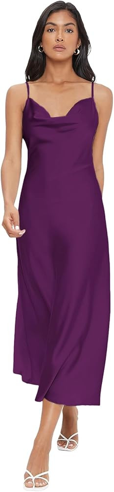 Floerns Women's Spaghetti Strap Cowl Neck Long Slip Satin Silk Midi Dress | Amazon (US)