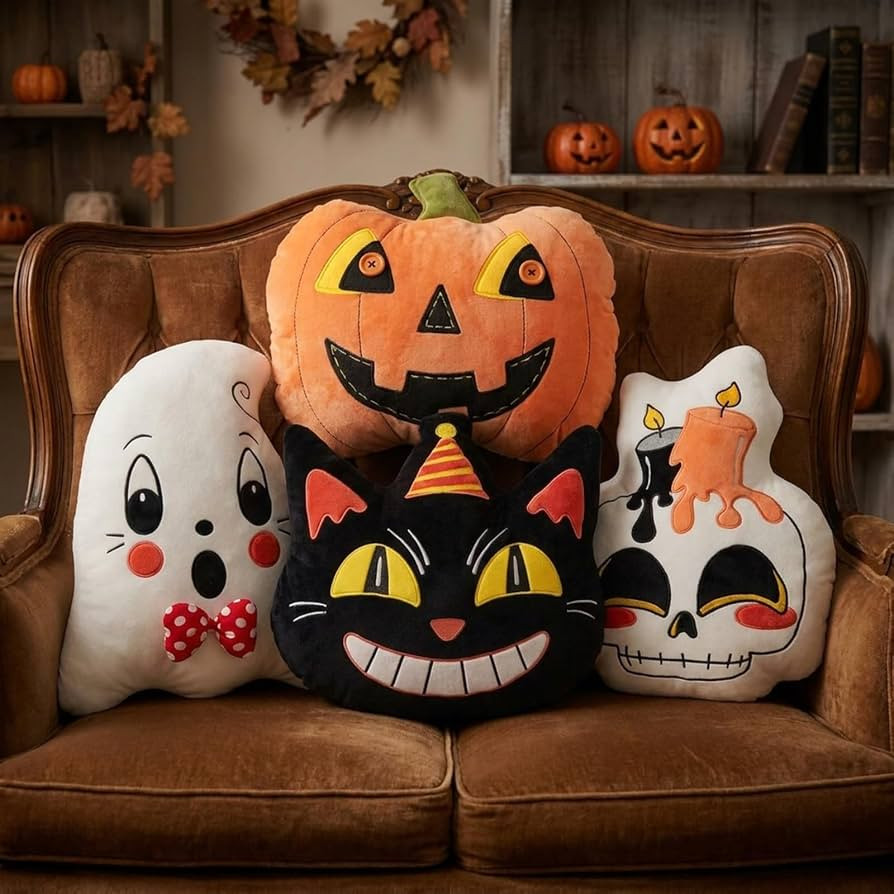 4Pcs Halloween Pillows Skeleton Ghost Black Cat Vintage Retro Traditional 90S Primitive Mummy Thr... | Amazon (US)