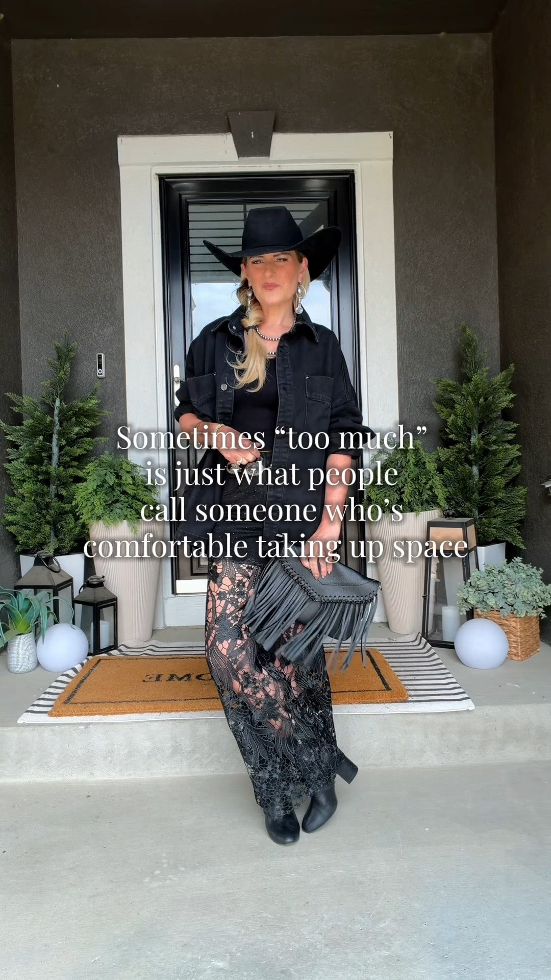 Modern western fashion in an all-black outfit featuring rhinestone jeans, a lace top, and an oversized black denim jacket. I love monochromatic western looks because they feel bold, elevated, and a little unexpected. The mix of lace, denim, and subtle sparkle gives this outfit just the right amount of western edge without feeling overdone.

#LTKmomlife #LTKOver40 #LTKootd