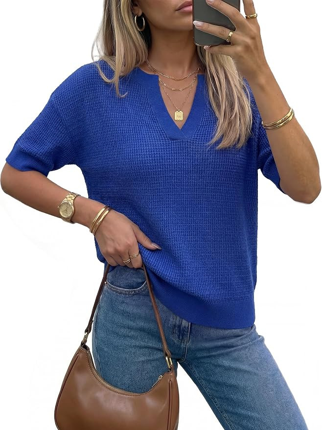 Arach&Cloz Women's 100% Cotton Relaxed Fit Waffle Knit Polo V Neck Short Sleeve Summer Casual Pul... | Amazon (US)