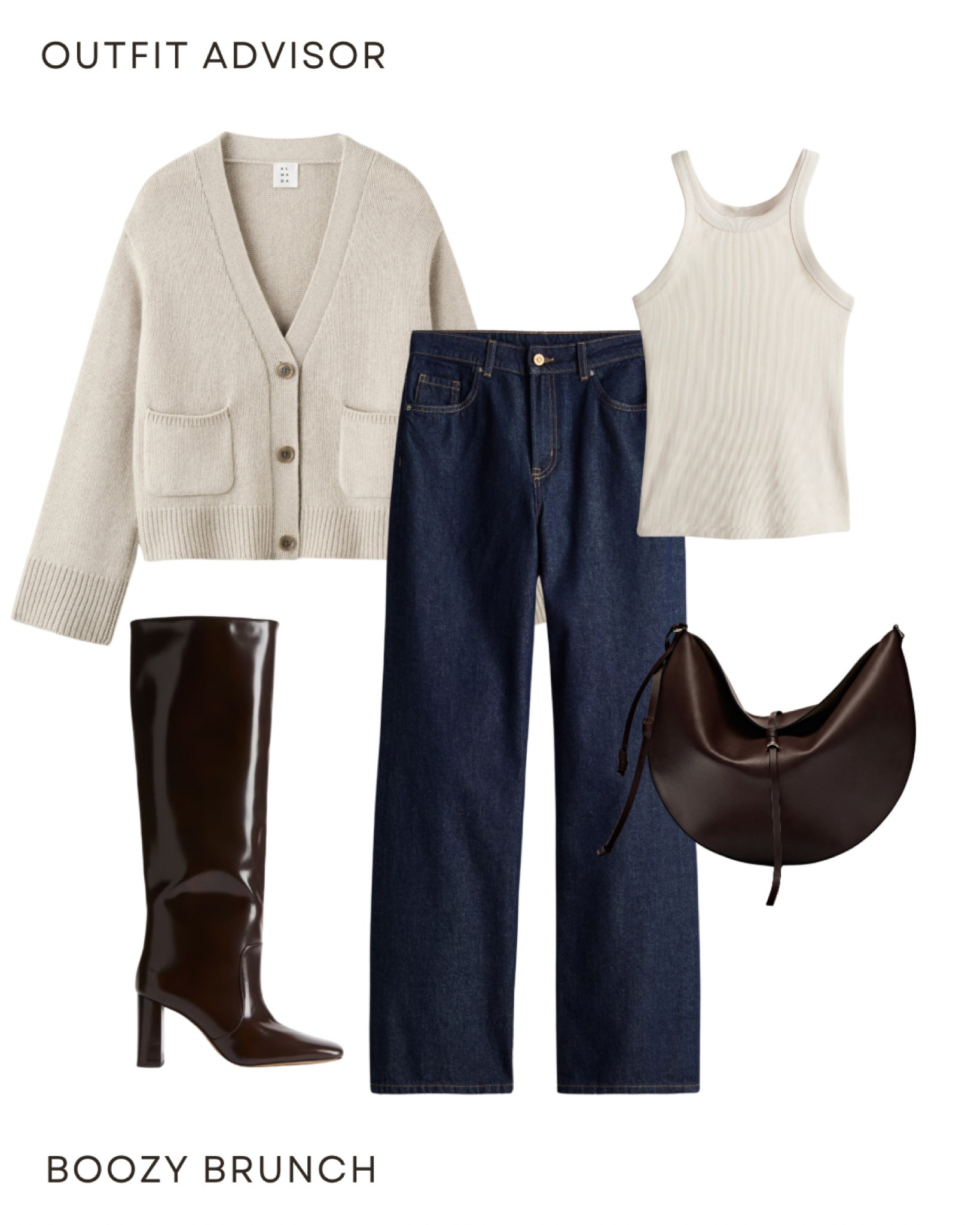 Chic fall outfit inspo: a beige cardigan, beige thank top, jeans, high heel boots and a brown bag

#LTKstyletip #LTKshoes #LTKautumn
