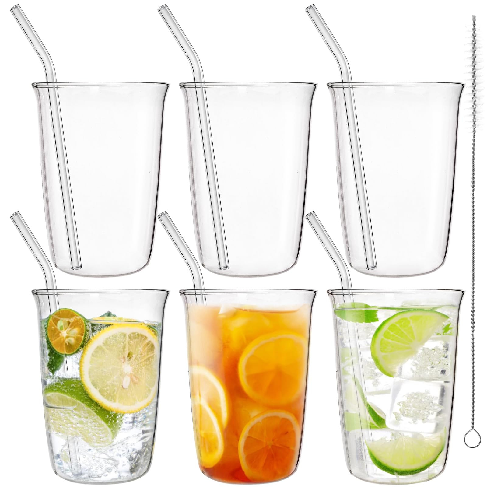 6 Piece Drinking Glasses, 16 Oz Clear Water Glass Set with Straws, Lead-free Highball Glass Cup K... | Amazon (US)