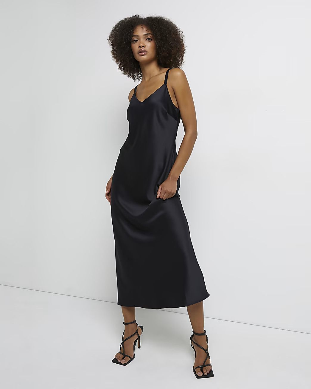 Black satin slip midi dress | River Island (UK & IE)