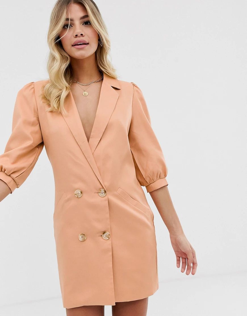 In The Style puff sleeve tuxedo blazer dress in taupe-Brown | ASOS (Global)