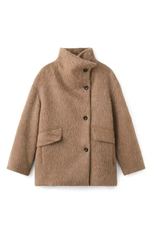 MANGO Brushed Funnel Neck Coat in Brown at Nordstrom, Size Medium | Nordstrom