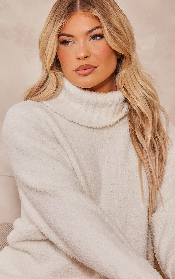Cream Teddy Knit Roll Neck Sweatshirt | PrettyLittleThing US