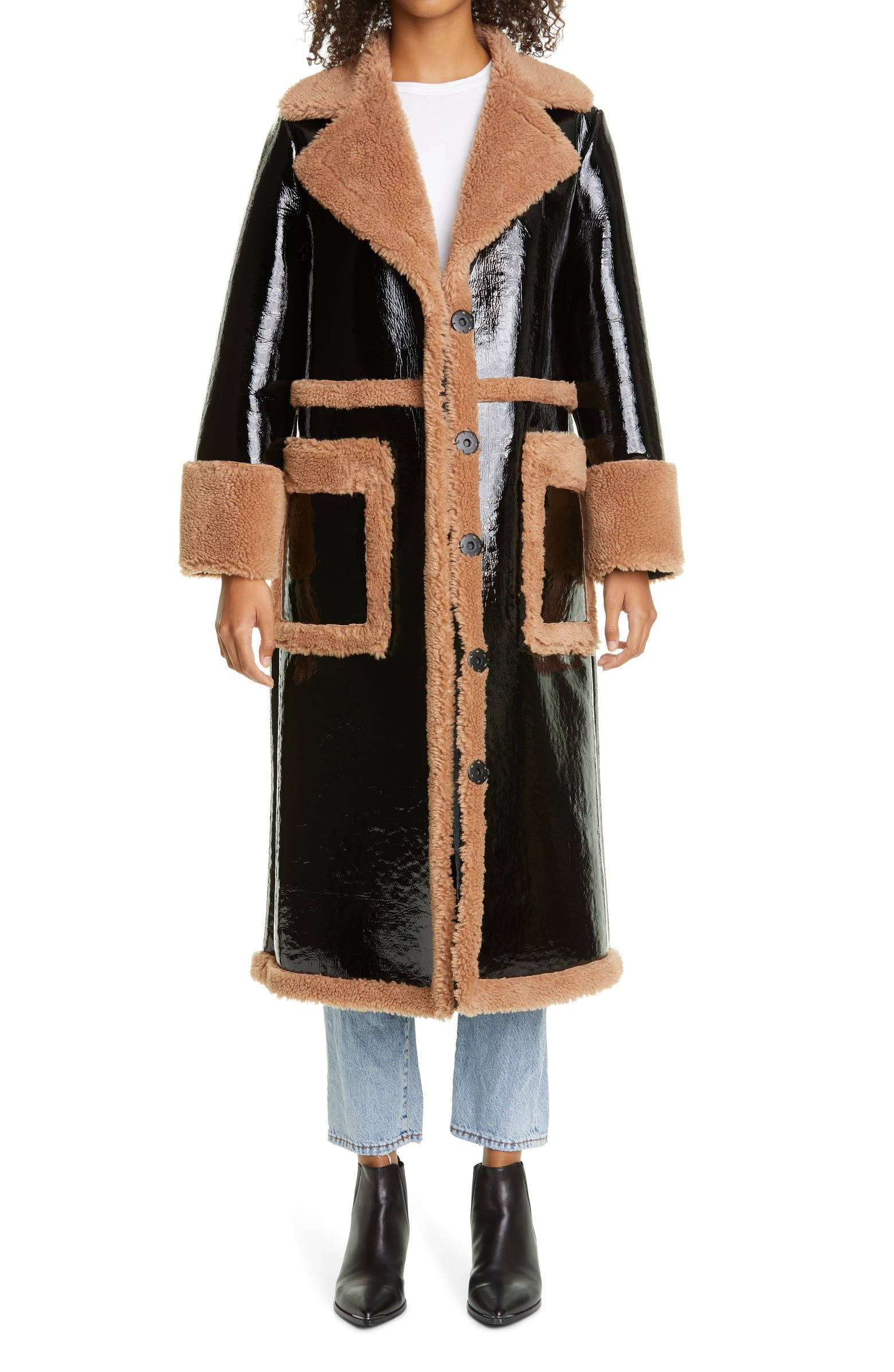 Aubrey Long Faux Patent Shearling Coat | Nordstrom