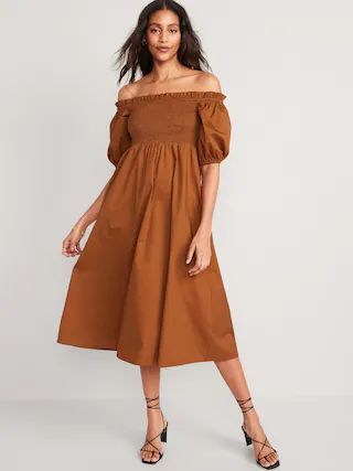 Fit &#x26; Flare Off-The-Shoulder Puff-Sleeve Smocked Cotton-Poplin Midi Dress for Women | Old Navy (US)