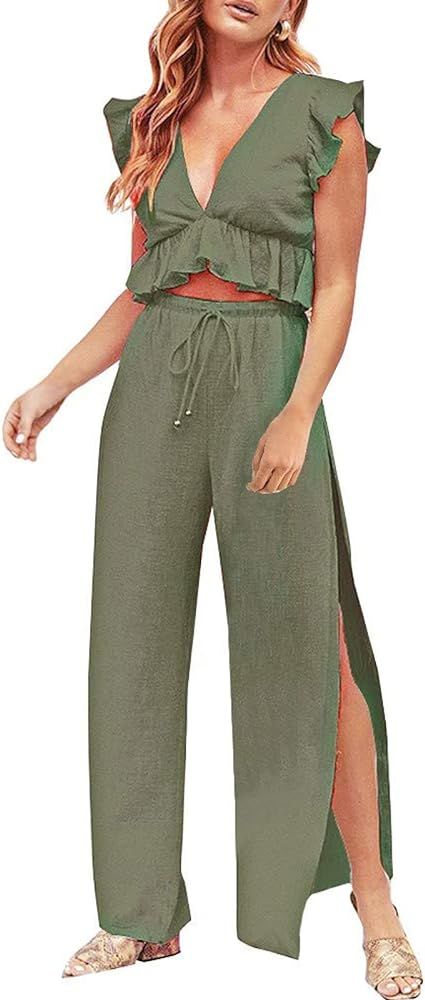 Lielisks Women's Sexy V Neck Two Piece Outfits Elegant Crop Top Long Wide Leg Pants Jumpsuits | Amazon (US)