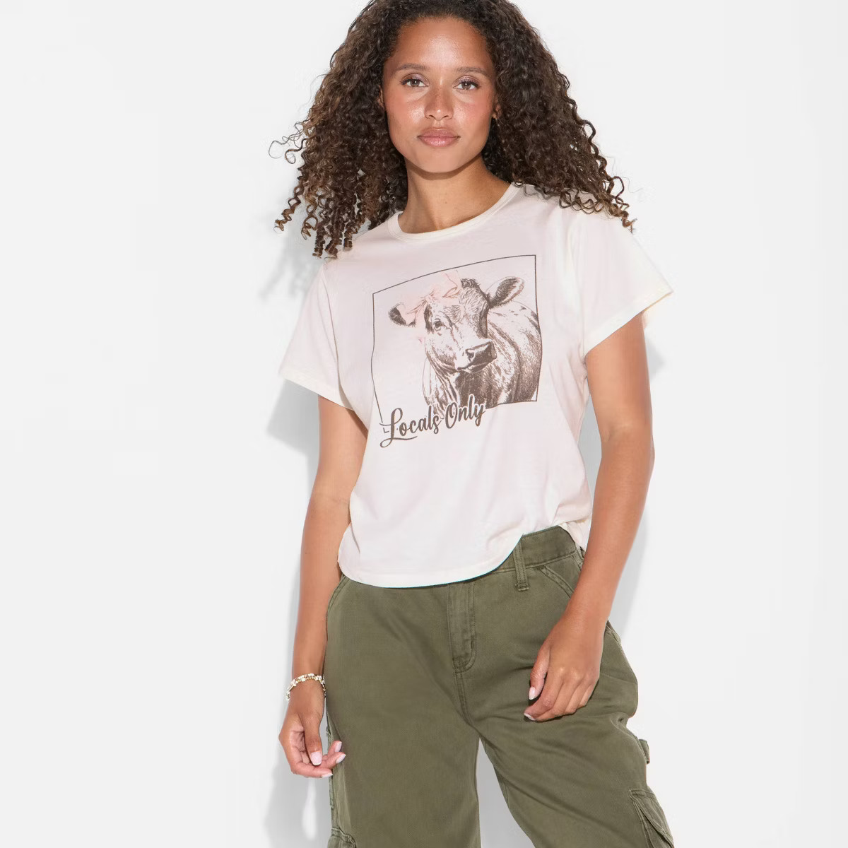 Women's Locals Only Cow Short Sleeve Shrunken Graphic T-Shirt - Off-White | Target