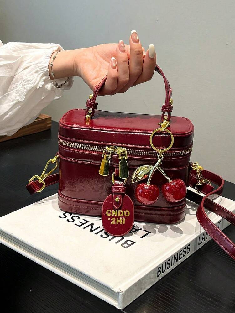Fashion New Elegant Temperament Solid Color Pu Fabric Portable Square Bag, Mini Pu Bag, Pure Waterproof Fabric Bur Gundy Bag, Letter Pattern Decorative Design Box Bag, Suitable For Travel Shopping, Parties, Parties, Commuting., Fashionable Burgundy Bag , Burgundy Bag | SHEIN