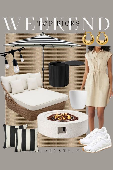 Weekend Top Picks Home & Fashion: outdoor furniture, and clothing from Amazon, Wayfair, Target & Walmart. Outdoor daybed, striped umbrella, outdoor string lights, throw pillows, fire pit, side table, cooler, planter, beige dress, gold jewelry, white sneakers, outdoor rug.

#LTKhome #LTKSeasonal #LTKstyletip