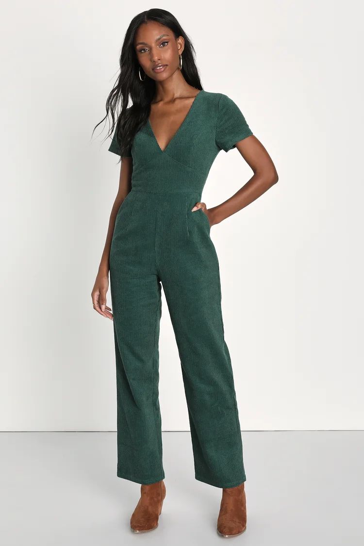 Absolute Cutest Dark Green Corduroy Short Sleeve Jumpsuit | Lulus (US)