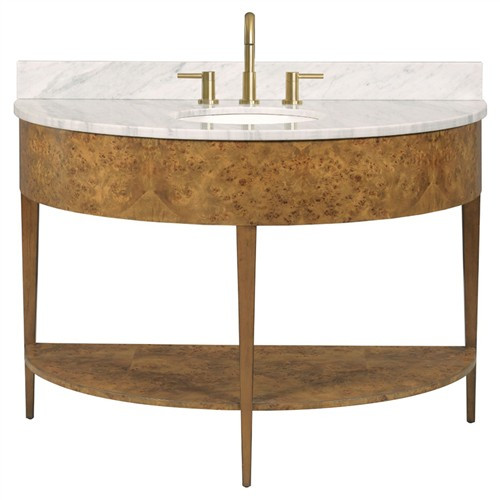 Isla Modern Classic White Marble Brown Burl Demilune Vanity Sink - 47" | Kathy Kuo Home