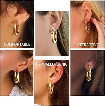 925 Sterling Silver Post 14K Real Gold Plated Chunky Hoop Earrings Set for Women, Hypoallergenic ... | Amazon (US)
