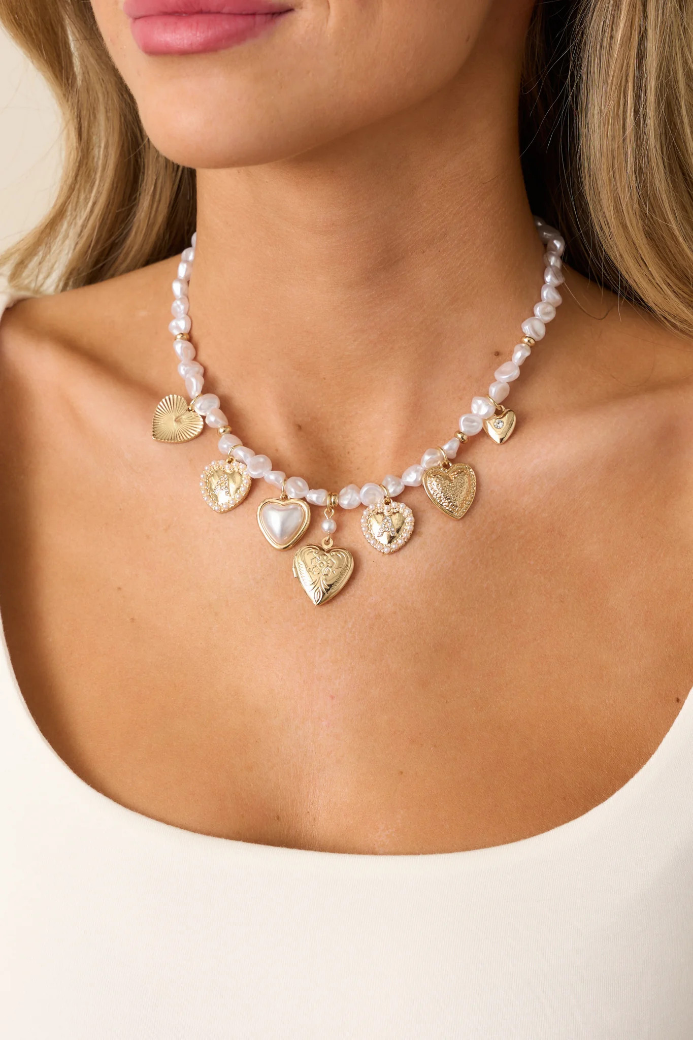 By Your Side Ivory Pearl & Gold Charm Necklace | Red Dress