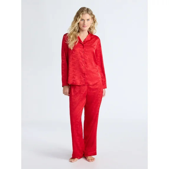Joyspun Women’s Stretch Satin Notch Long Sleeve Top and Pants Pajama Set, 2-Piece, Sizes XS-3X | Walmart (US)