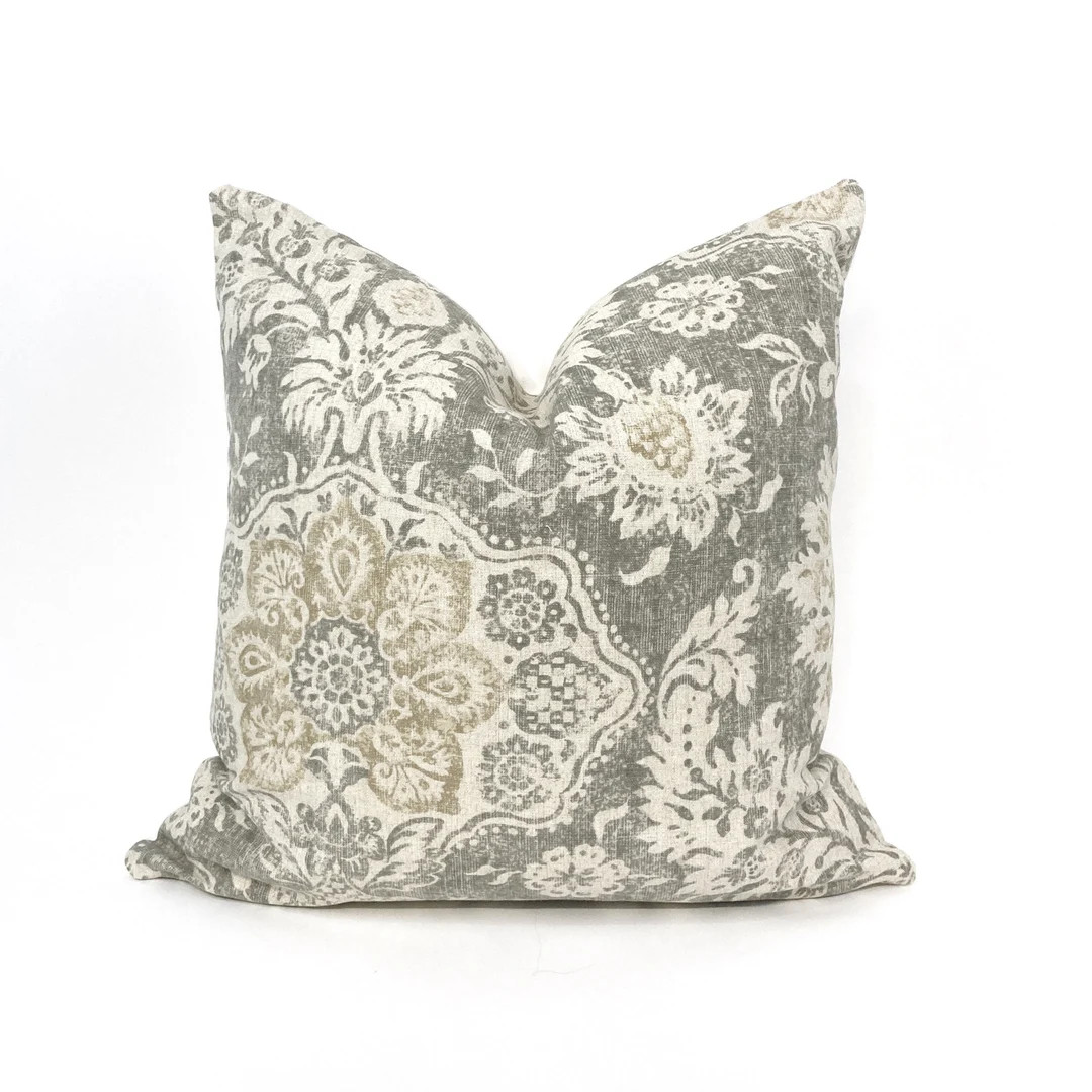 Beige and Gray Medallion Floral Pillow Cover - Etsy | Etsy (US)
