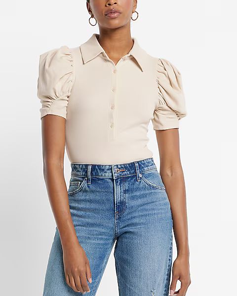 Fitted Pleated Puff Sleeve Polo Cropped Top | Express