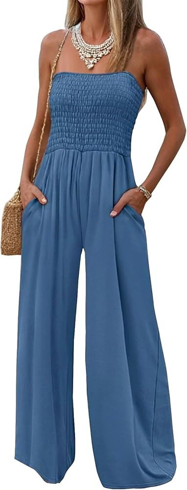 AUXDIO Womens Casual Strapless Summer Jumpsuits Loose Off Shoulder Smocked Sleeveless Wide Leg Ro... | Amazon (US)